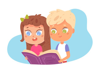 Cute kids read book together, two young school friends study, funny reading girl and boy