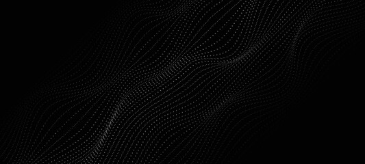 Flowing dots particles wave pattern white light isolated on black background. Vector in concept of technology, science, music, modern. Black Friday social sale banner background