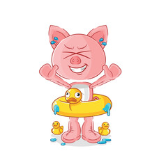 pig with duck buoy cartoon. cartoon mascot vector