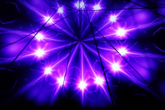 Glowing neon stars in blue rays on a dark background. Background picture. Blurred image