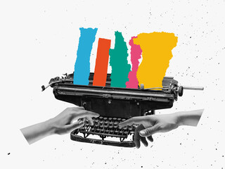 Pop art collage. Female hand typing on retro typewriter. Vintage, retro 80s, 70s style. Bright colors. - obrazy, fototapety, plakaty