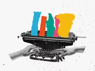 Foto op Plexiglas Pop art collage. Female hand typing on retro typewriter. Vintage, retro 80s, 70s style. Bright colors. © master1305