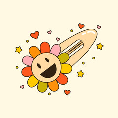 Vector illustration of cute y2k 90s daisy hair clip. Cartoon barrette accessory for girls with smiling face. Adorable flower hairpin. Trendy oldschool icon - obrazy, fototapety, plakaty