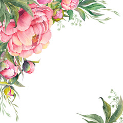 Square frame with pink peony flowers. Watercolor illustration isolated on white background.
