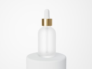 White glass cosmetic serum dropper bottle on podium 3D render, care product packaging
