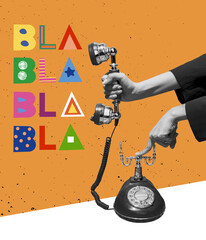 Contemporary art collage. Human hands holding retro vintage phone with magazine style lettering....
