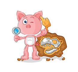 pig archaeologists with fossils mascot. cartoon vector