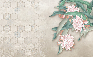 Hand drawn leaves and flowers against a grunge beige wall and azulejo tiles. Tropical leaves in pastel color. Old wall with ceramic tiles. Wallpaper design. © Artem