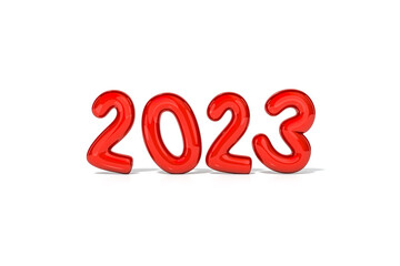 2023 red metallic happy new year on white background 3d rendering. 3d illustration red colored numbers celebration Festive poster or banner design.