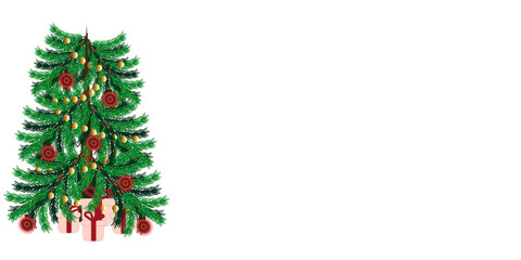 Сhristmas tree with gifts and decorations on white background with copy space. Vector illustration with christmas tree, garland, red balls and gifts. Beautiful new year concept.
