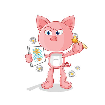 pig traditional painter cartoon character vector