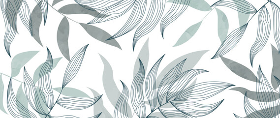 Abstract minimalistic artistic background with tropical leaves. Watercolor texture on a white background in blue tones for wallpaper design, decor, interior