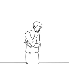 man stands propping his chin with his hand - one line drawing vector. concept to think, to ponder, to make a decision, to solve a problem, reflection, brainstorming