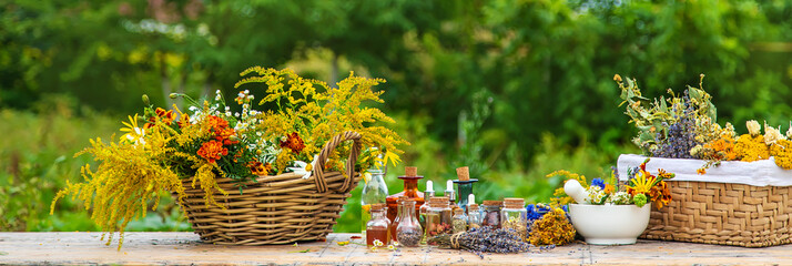 Medicinal herbs and tinctures on the table. Selective focus.