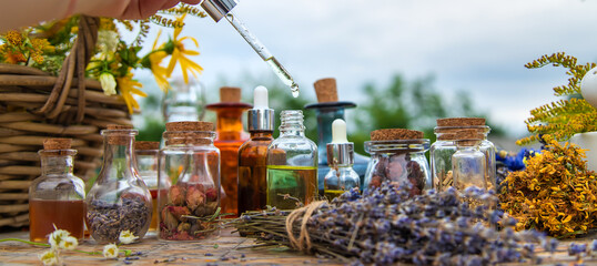 Medicinal herbs and tinctures on the table. Selective focus. - obrazy, fototapety, plakaty