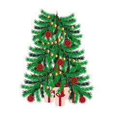 Сhristmas tree with gifts and decorations on white background. Vector illustration with christmas tree, garland, red balls and gifts. Beautiful new year concept.