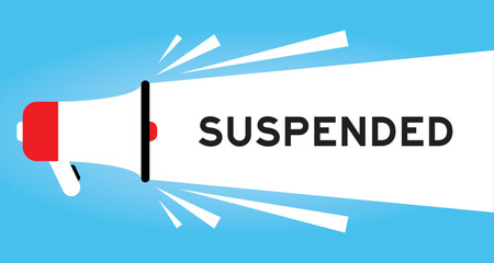 Color megaphone icon with word suspended in white banner on blue background