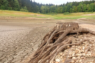 A dried up empty reservoir and dam during a summer heatwave, low rainfall and drought in Saxony, Germany, Talsperre Lehnmuehle