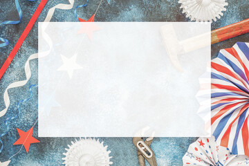 labor day background with hammer, pliers and holiday decor with american flag colors with empty space for your text. Labor day is America and Canada traditional holiday