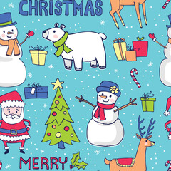 Santa, reindeer, snowman and friends in a whimsical, hand-drawn vector pattern. Repeat patterns are great for surface designs and backgrounds.