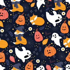 Obraz na płótnie Canvas Halloween holiday seamless pattern background with pumpkin, ghost, fox and eyeball. Vector illustration
