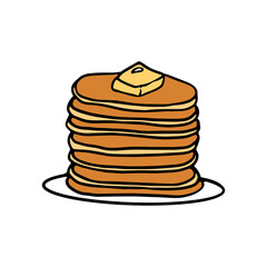 Cute hand drawn pancakes on a plate. Color image of pancakes in flat design. Dessert badge. Vector illustration.