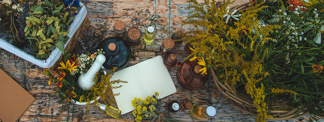 Medicinal herbs on the table. Place for notepad text. Selective focus.