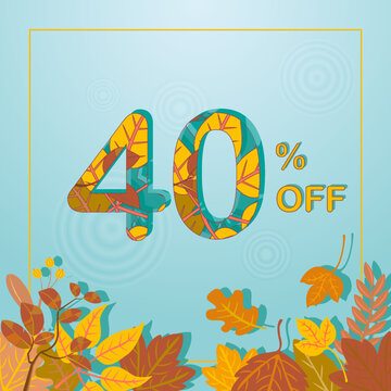 Autumn Sale background, banner, poster or flyer design. Bright beautiful yellow leaves are above the water. Vector with text 40% discount. Autumn sale for advertising, fashion, shop windows.