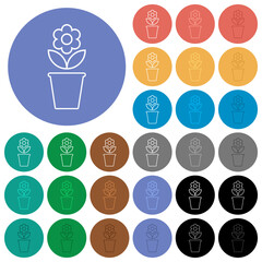 flowerpot with flower and leaves outline round flat multi colored icons