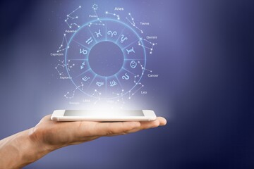 Astrological zodiac signs inside of horoscope circle on Mobile Technology. Zodiac internet online concept.