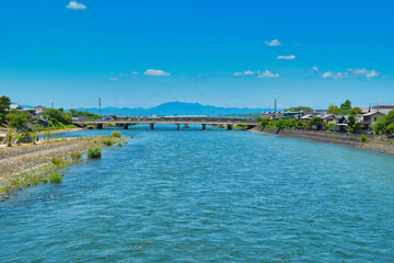 京都　青空に映える美しい宇治川　コピースペースあり（日本京都府宇治市）Kyoto Beautiful Uji River shining against the blue sky with copy space (Uji City, Kyoto Prefecture, Japan)