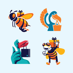 Set of animal mascot delivery order and shipping package