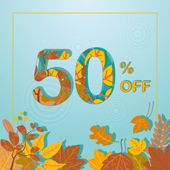 Autumn sale dry leaves background. Banner, poster or flyer design. Bright beautiful yellow leaves above the water. Text 50% off. Autumn sale for advertising, fashion, shop windows.