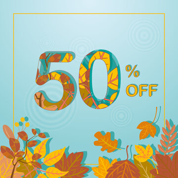 Autumn sale dry leaves background. Banner, poster or flyer design. Bright beautiful yellow leaves above the water. Text 50% off. Autumn sale for advertising, fashion, shop windows.