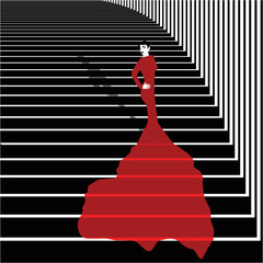 A woman in a red ball gown poses on a seemingly infinite stairway.