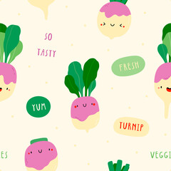 Cute pattern with Turnips and words. Hand drawn vegetable texture. Seamless food background
