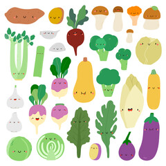 Super cute vector collection of hand drawn vegetables. Seasonal vegetables set. Autumn vegetables characters - sweet potato, beet, mushrooms, broccoli, celery, turnip, garlic, cabbage, arugula, kale