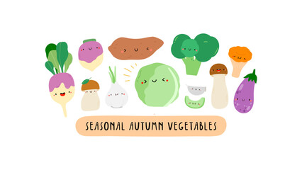 Cute illustration with Seasonal Autumn Vegetables on a white background. Cartoon food characters - Celery, Pumpkin, Turnip, Endive, Cabbage, Sweet Potato, Egg Plant, Garlic. Healthy vegetables banner