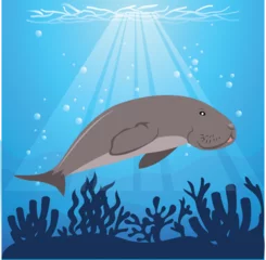 Papier Peint photo Lavable Baleine vector illustration dugong swimming under the sea with algae animal conservation