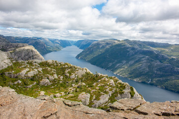 Rock Formations and Lysefjord landscape at Prekestolen (Preikestolen) in Rogaland in Norway (Norwegen, Norge or Noreg)