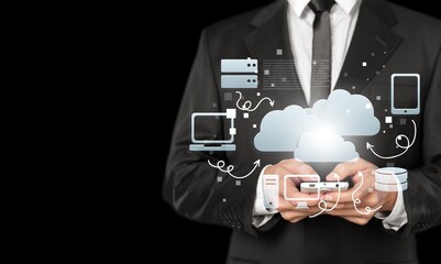 Cloud ERP, Enterprise Resource Planning  concept. Man with icons