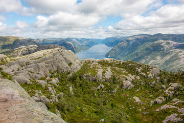 Fototapeta na wymiar Rock Formations and Lysefjord landscape at Prekestolen (Preikestolen) in Rogaland in Norway (Norwegen, Norge or Noreg)
