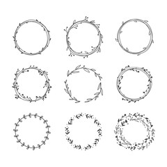 Floral circle wreath frame vector template. Branches, leaves and flowers doodle hand drawn line border.