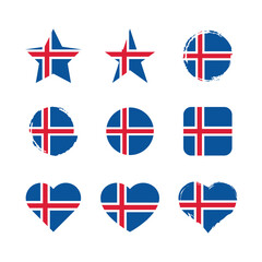 Iceland vector circle and heart flag set. Icelandic dry brush and grunge effect stamp flags.