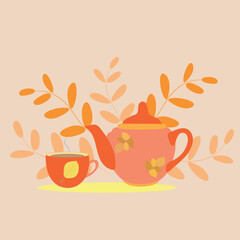 Autumn composition orange teapot with a cup of tea, leaves in the background. For cafes and restaurants. Flat style. Vector.