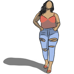 Body positive concept.Woman plus size.Confident obese women on over white background.Line drawing of cartoon character with illustration in flat design.