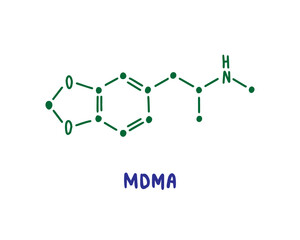 Mdma hand drawn vector formula chemical structure lettering blue green