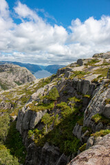 Rock Formations and Lysefjord landscape at Prekestolen (Preikestolen) in Rogaland in Norway (Norwegen, Norge or Noreg)