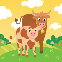 A cute family of cows stands in a green meadow in the middle of a field. Vector illustration with farm animals in cartoon style.