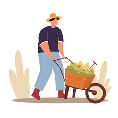 Man or farmer pulling wheelbarrow with soil and flowers seedling. Isolated on white background. Vector illustration. Flat style.